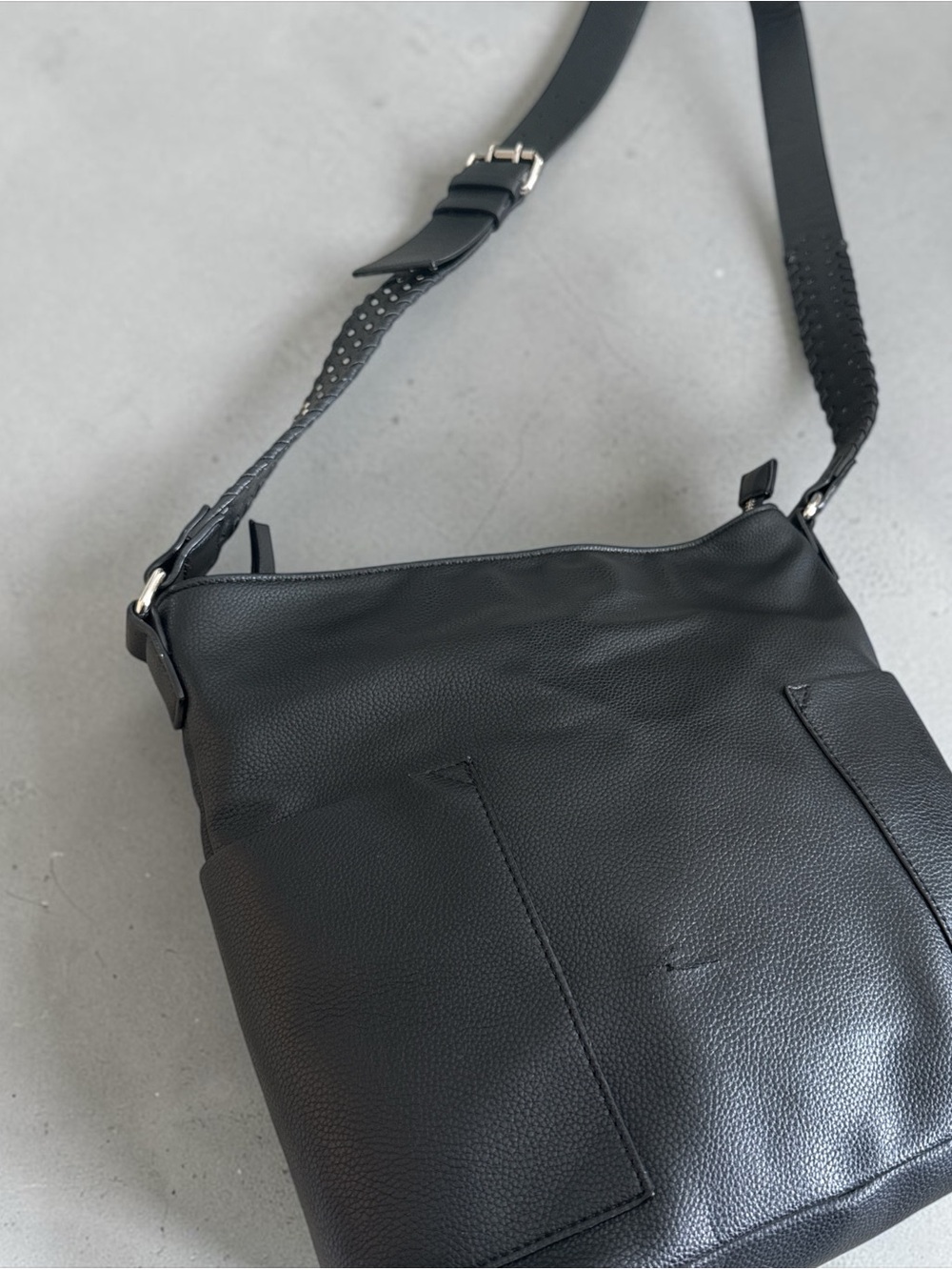 Joy Susan Classic Black Leather Crossbody Shoulder Bucket Bag Stud Accents